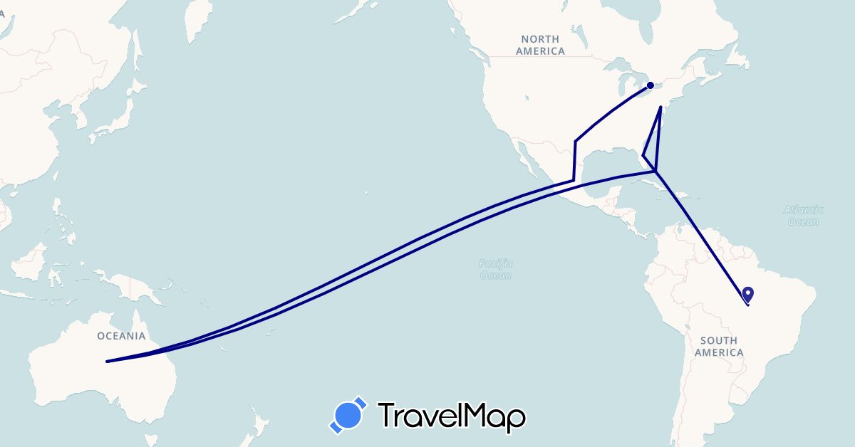 TravelMap itinerary: driving in Australia, Brazil, Bahamas, Canada, Mexico, United States (North America, Oceania, South America)